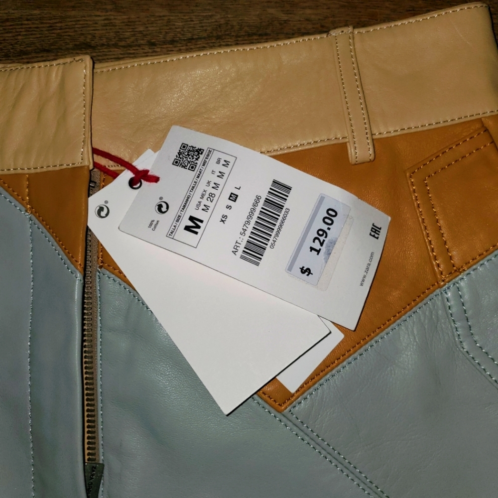 ZARA SRPLS Sheep Leather Skirt-Sz Medium Tan, Blue, Orange w/rear slit pocket.